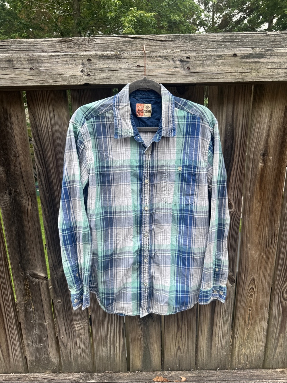 Ruff HewnMen's Plaid Button-Up Shirt in Blue and Green